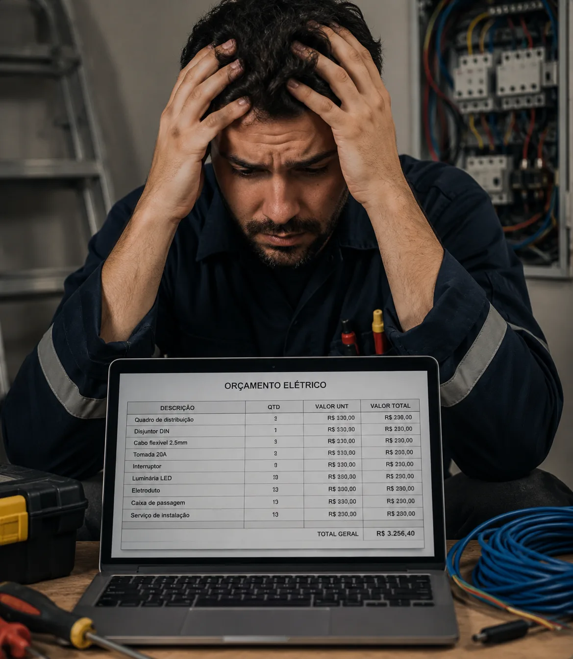 Eletricista preocupado olhando orçamento elétrico no notebook