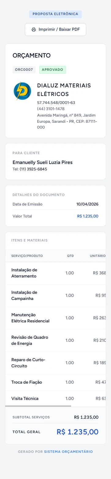 Orçamento gerado pelo Orça Pro